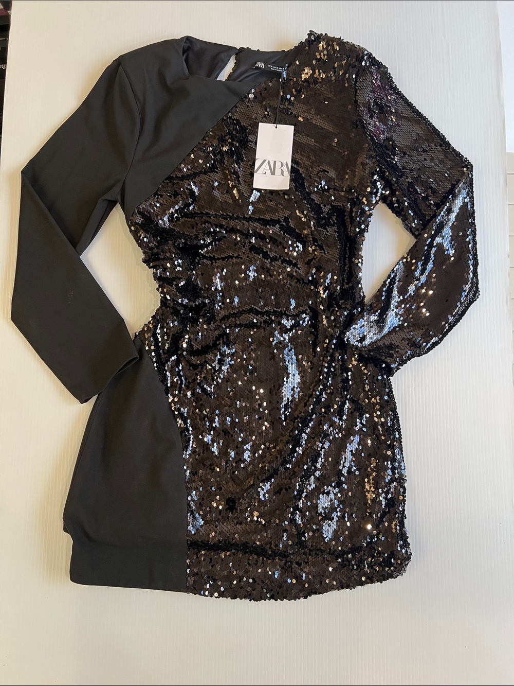 New ZARA Women’s Black Sequin Long Sleeve Bodycon Dress in Size X-Large